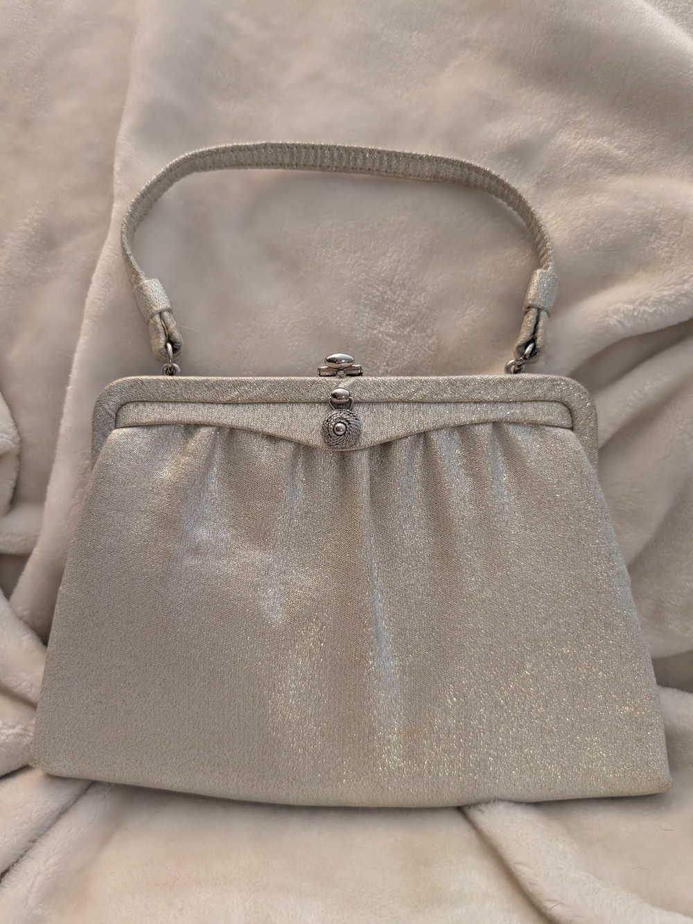 Vintage 1960s After Five Silver Lamé Evening Bag Clasp Mid Century Satin Lining